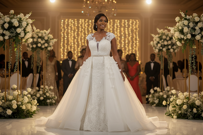 White lace mermaid wedding dress with lace bodice, textured skirt, and cap sleeves
