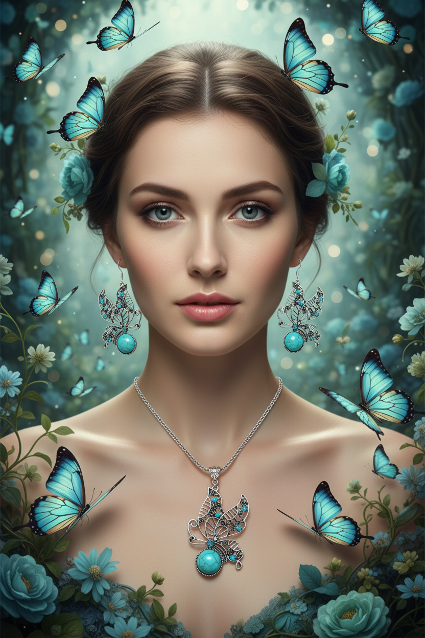 Silver-tone turquoise butterfly pendant necklace and matching drop earrings, front view