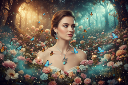 Turquoise butterfly hollow necklace with matching drop earrings on a woman, silver-tone