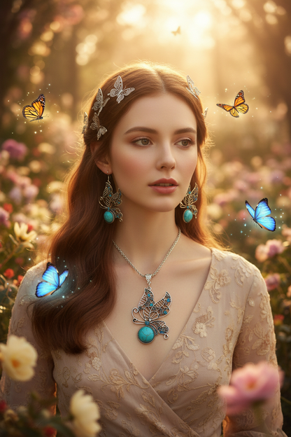Turquoise butterfly necklace pendant and hollow filigree drop earrings with teal gemstone