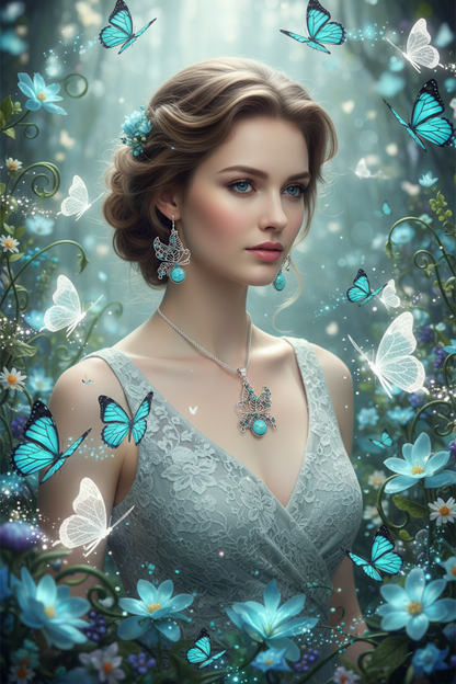 Turquoise butterfly drop earrings with hollow filigree and teal center, plus necklace pendant