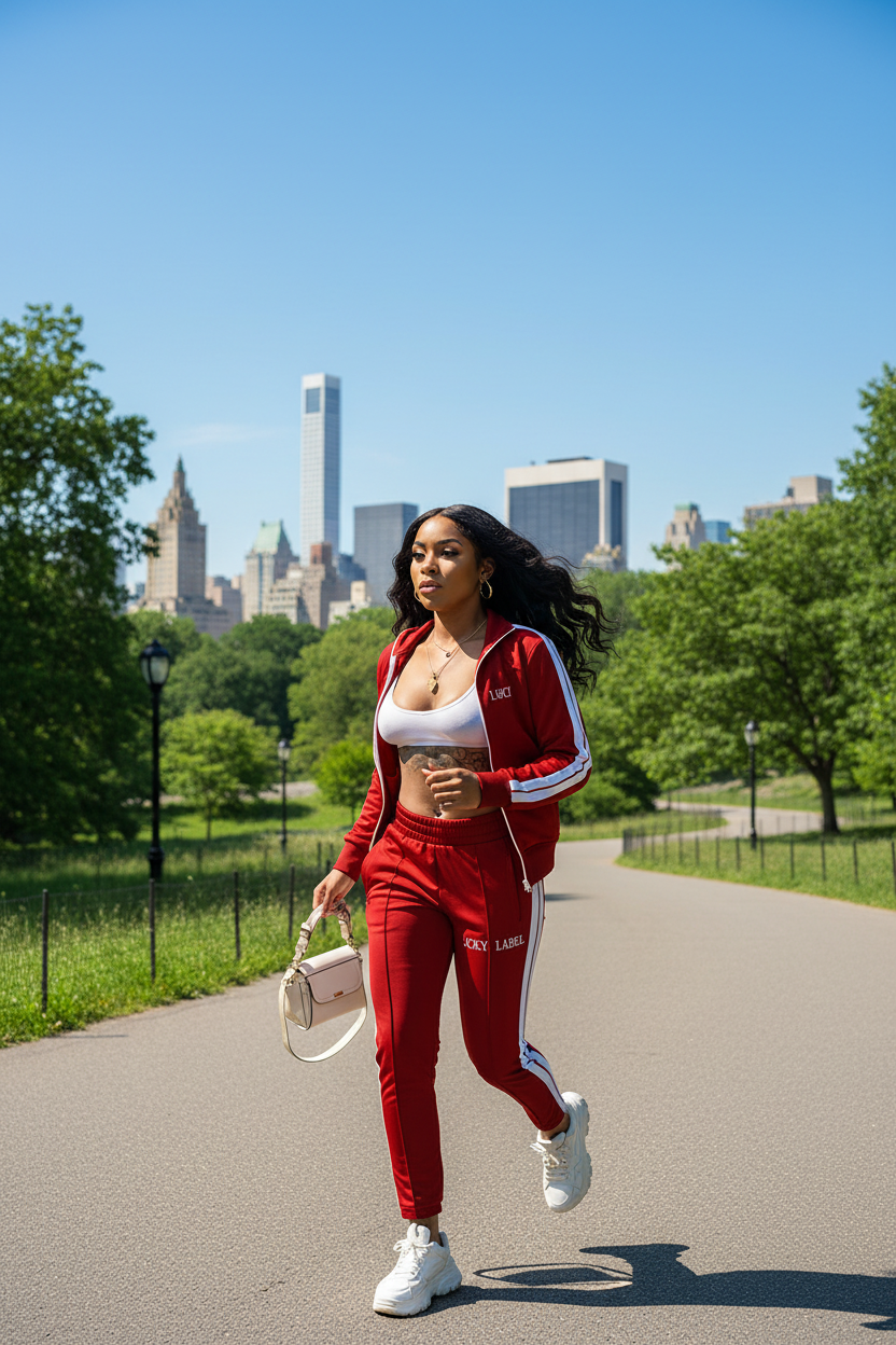 Red zip-up track jacket and joggers with white side stripes and letter embroidery