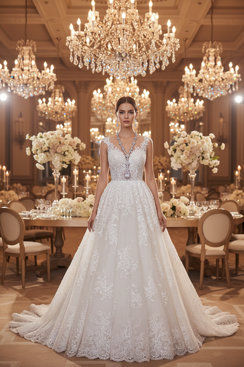 White bridal necklace with ornate pendant and matching crystal-style earrings