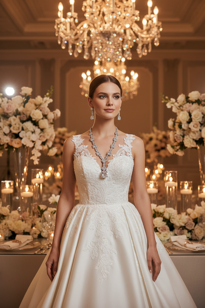 White bridal necklace with teardrop pendant and matching dangling earrings