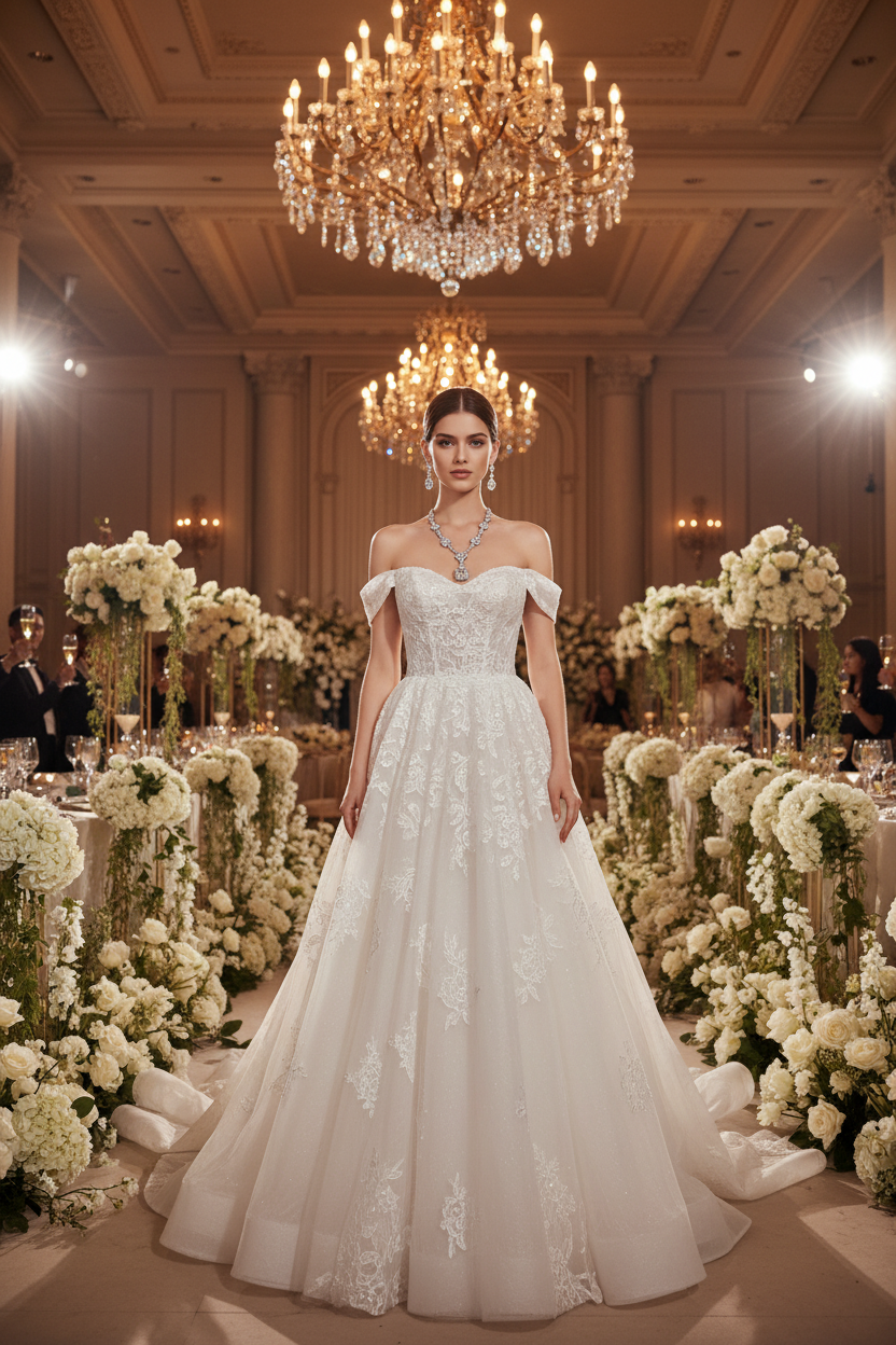 White bridal necklace with centerpiece pendant and matching long earrings
