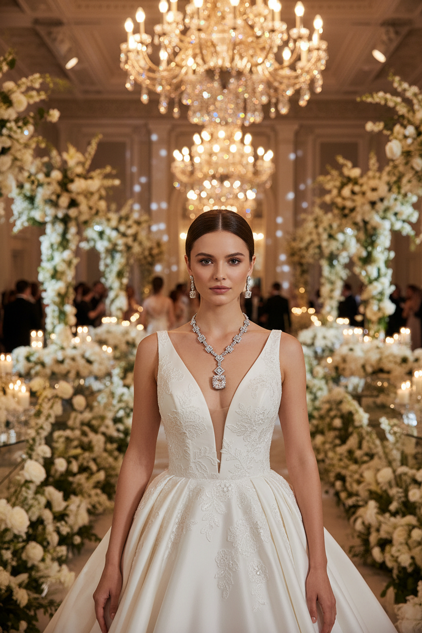 White bridal necklace with ornate centerpiece pendant and drop earrings