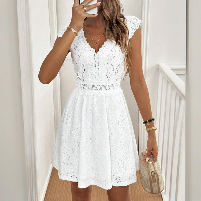 Women's V-Neck Solid Color Short Sleeve With Lace Trim - Summer Sexy Vacation Dress