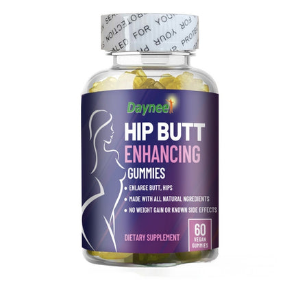 Dayneet Hip Butt Enhancing Gummies bottle with yellow gummies, 60 vegan gummies