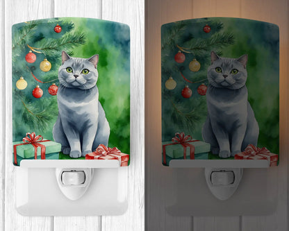 British Shorthair Cat By the Christmas Tree Ceramic Night Light