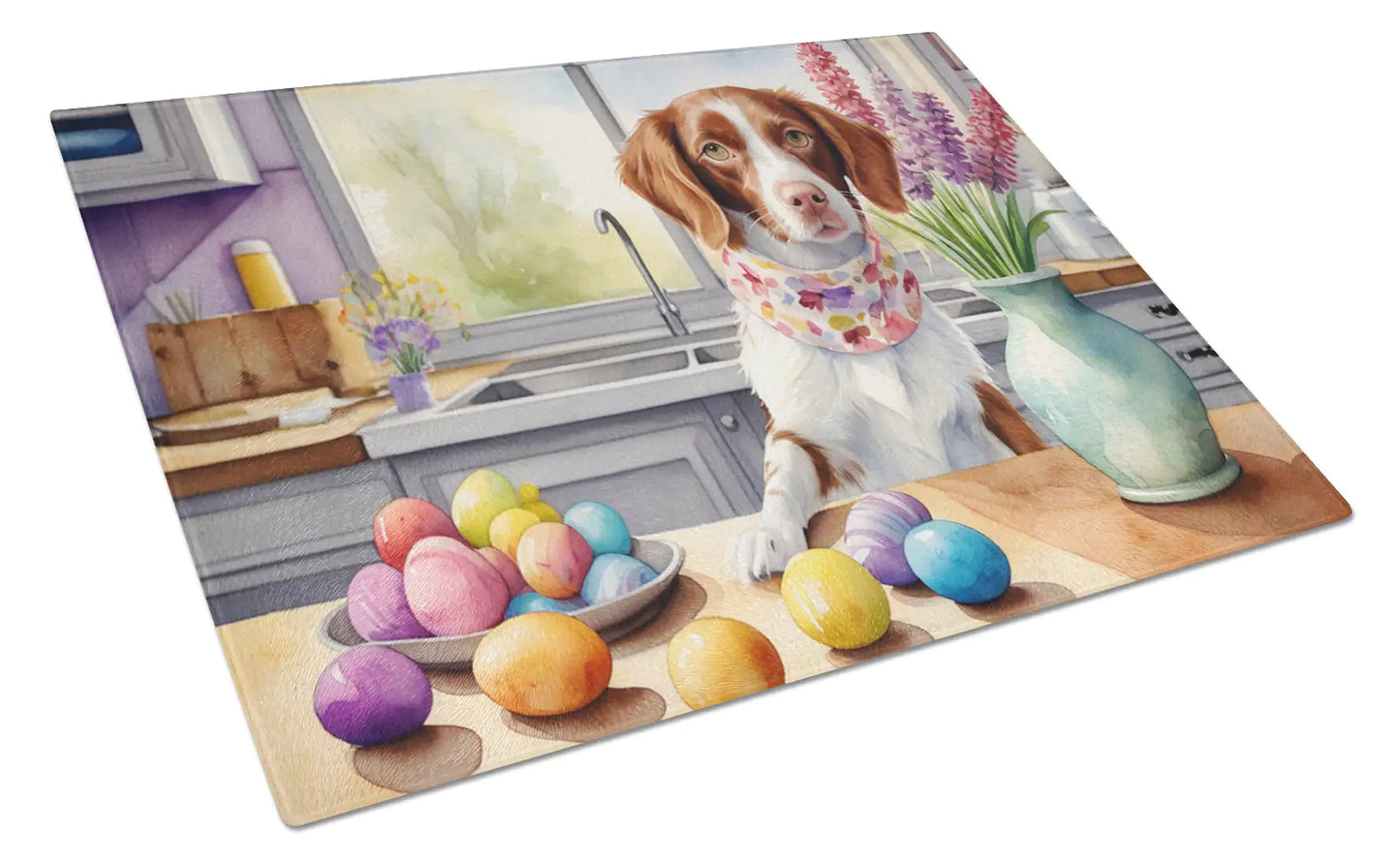 Decorating Easter Brittany Spaniel Glass Cutting Board