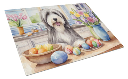 Decorating Easter Bearded Collie Glass Cutting Board