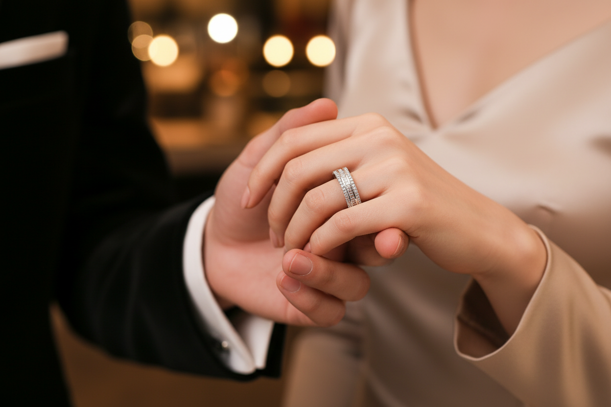 Silver moissanite ring with two-row pavé band and small square stones