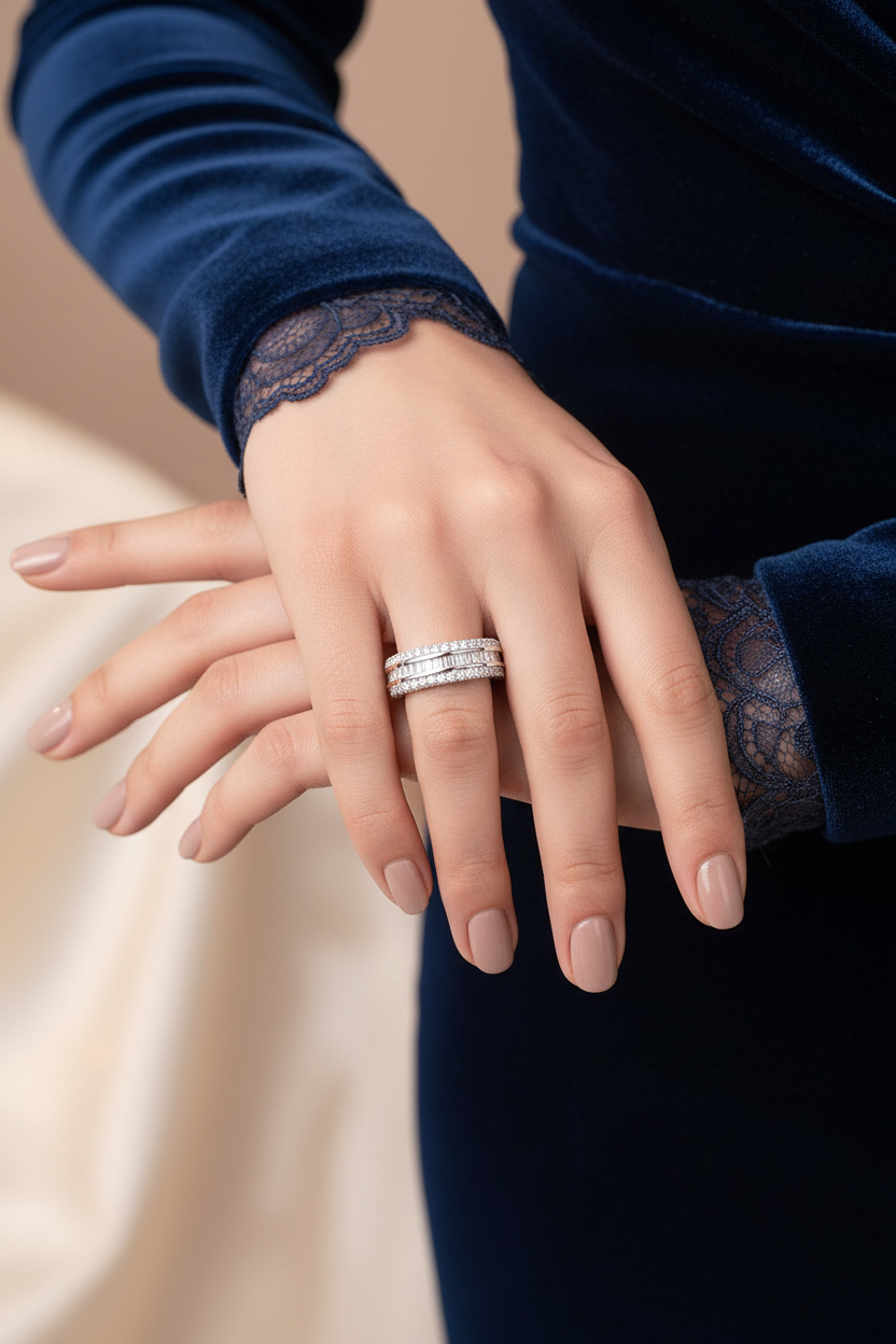 Silver moissanite ring with stacked double-row pavé and square-cut stone face