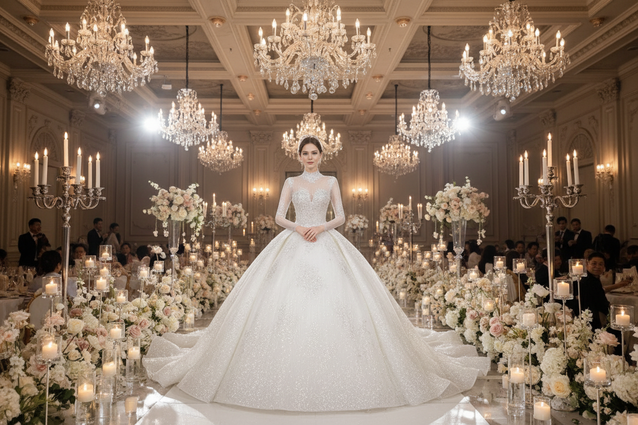 Sparkly white long-sleeve wedding dress with high neckline, fitted waist, and full A-line skirt.