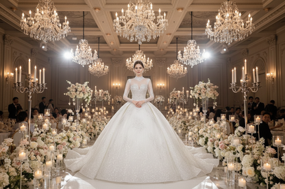 Sparkly white long-sleeve wedding dress with high neckline, fitted waist, and full A-line skirt.