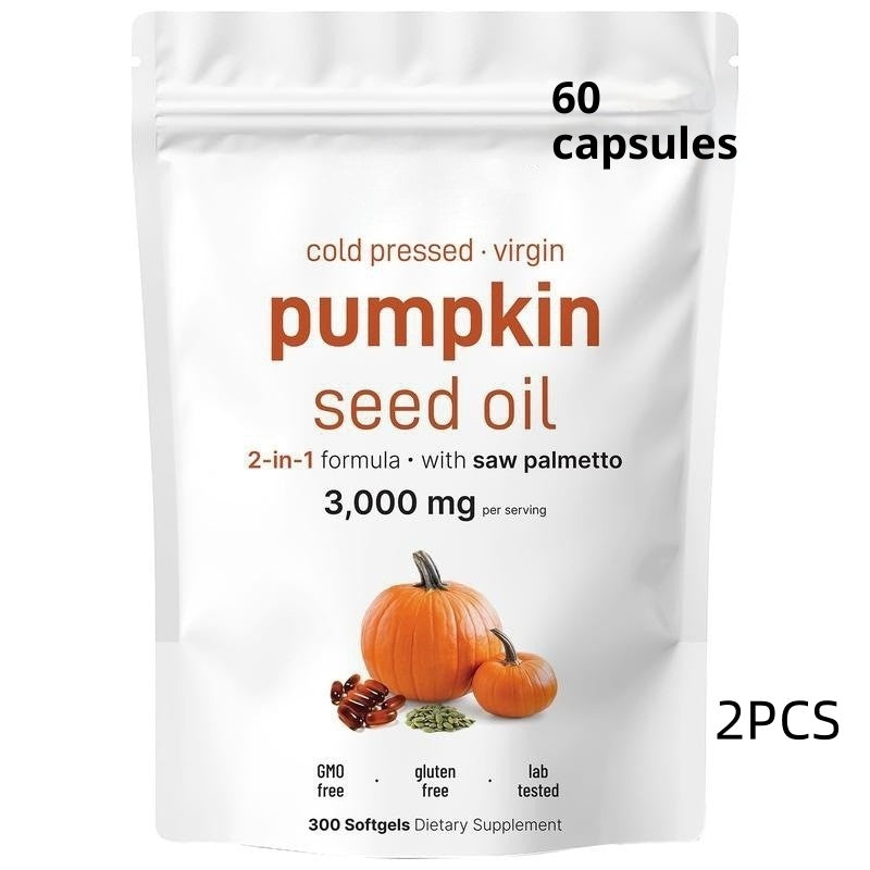 Pumpkin seed oil softgel pouch labeled 60 capsules and 2PCS