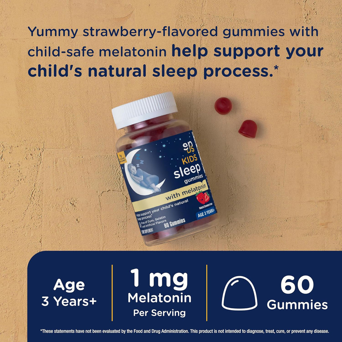 Kids melatonin gummy bottle with strawberry gummies, 1 mg per serving, age 3+
