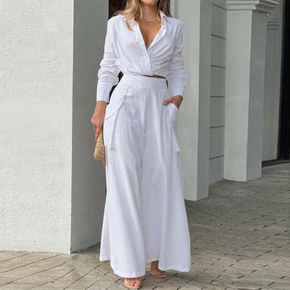Women's Plus Size Elegant Pant Set - Crisscross Detail Top & Wide Leg Pants With Pockets