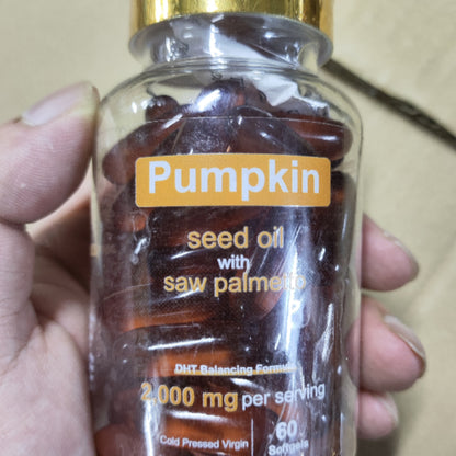 Pumpkin seed oil soft capsules bottle with saw palmetto, 2000 mg, 60 softgels