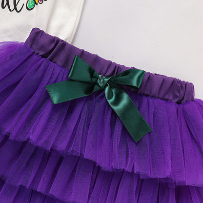 Baby Girls' Mardi Gras Outfit Set Ruffle Sleeve Letter Print Bodysuit, Mesh Tutu Skirt & Hairband