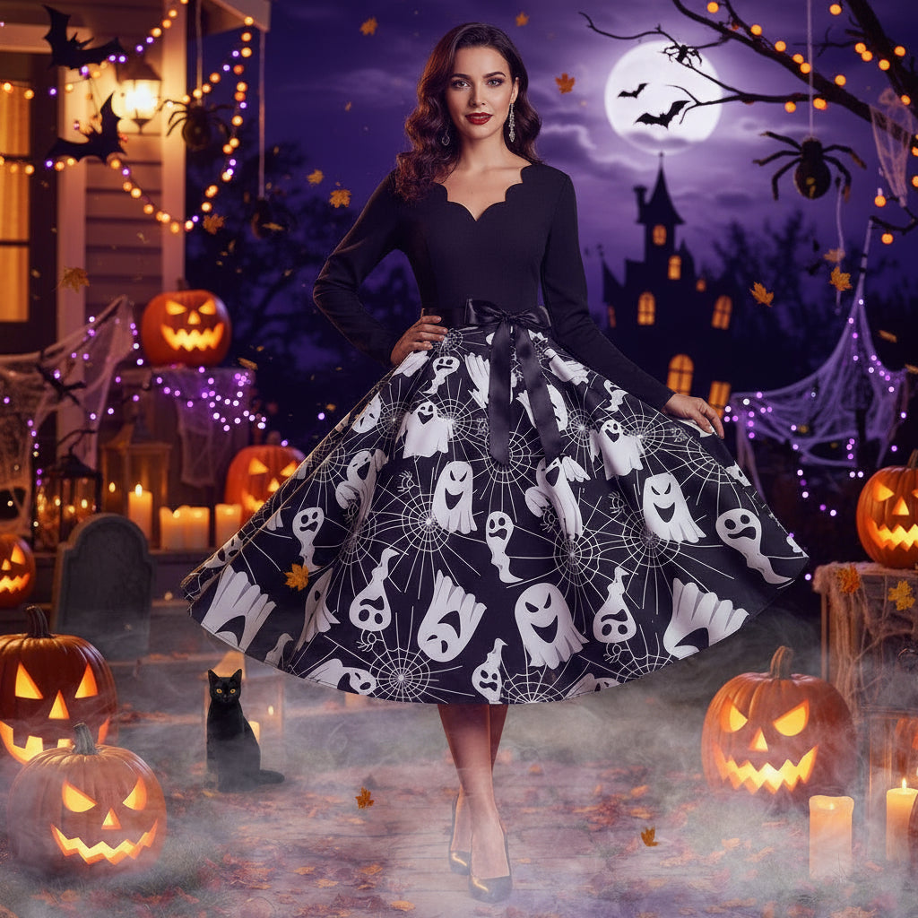 Halloween Burnt Flower V-neck Long-sleeved Sexy Print Big Swing Dress