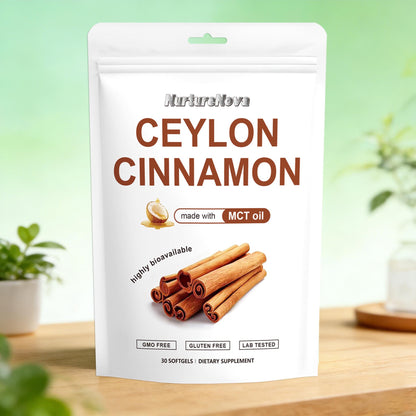 Ceylon Cinnamon softgel pouch with MCT oil badge and lab tested