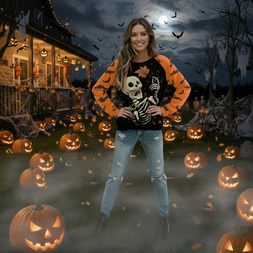 Halloween Cartoon Print Sweatshirt Long Sleeve Pullover Tops Women