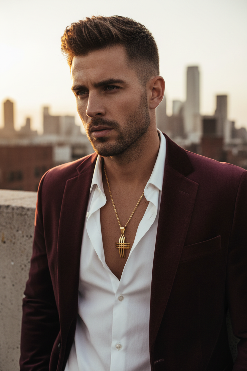 Men’s cross pendant necklace with hollow cross pendant on a gold-tone chain
