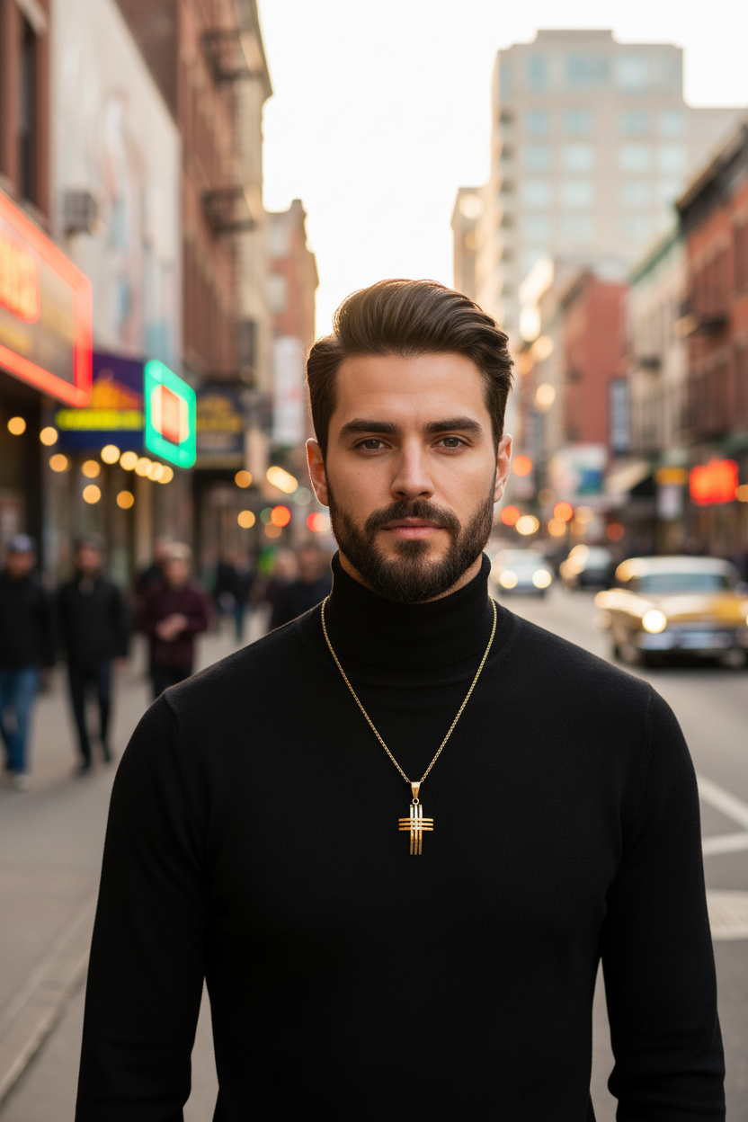 Men’s cross pendant necklace with hollow cross pendant on a gold-tone chain