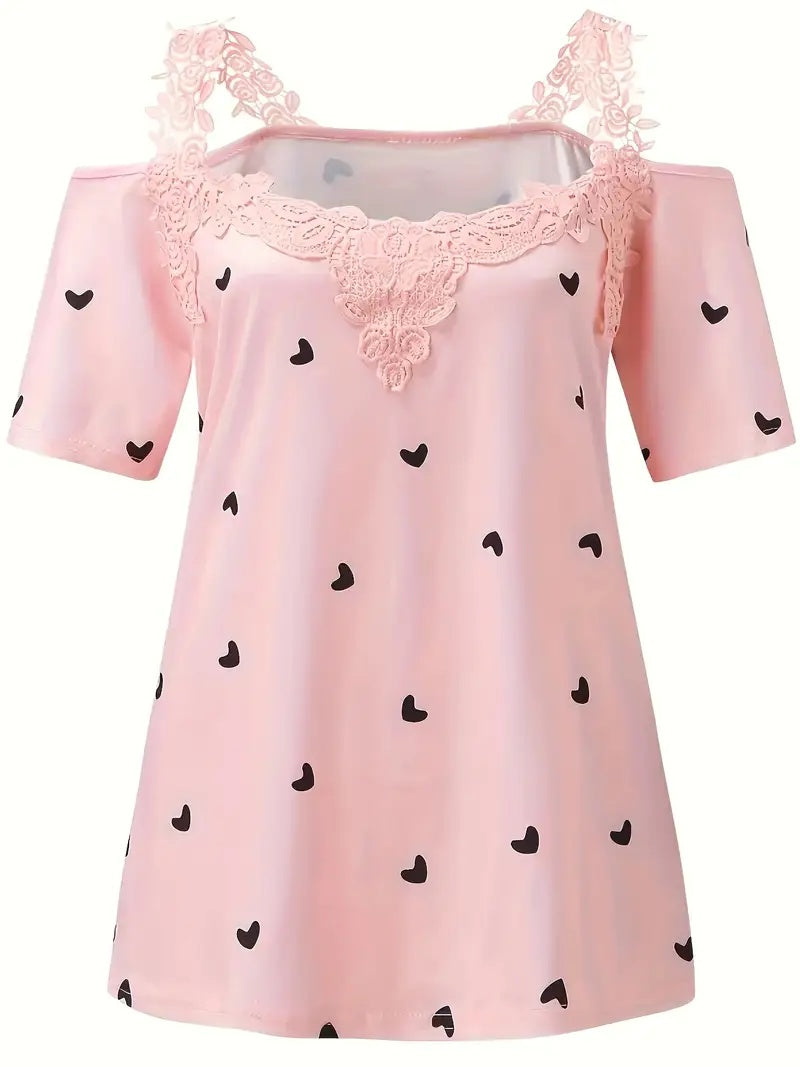 New Short-sleeved Lace Heart Print T-shirt Women's Top