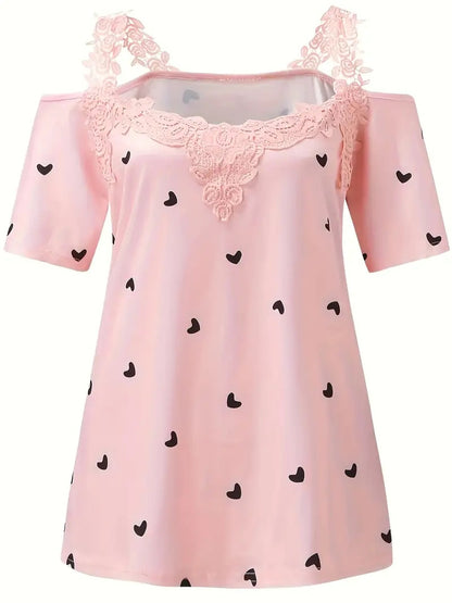 New Short-sleeved Lace Heart Print T-shirt Women's Top