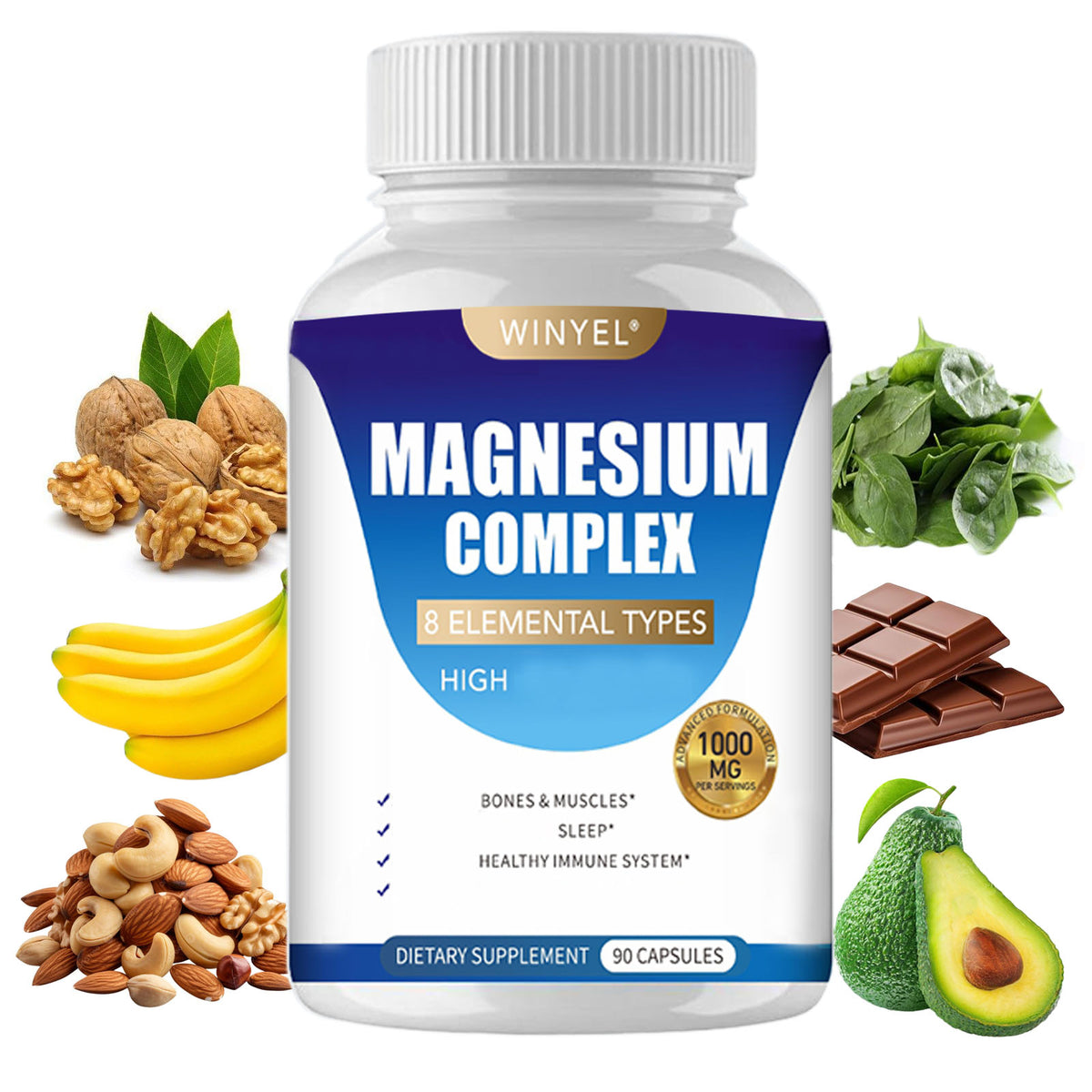 Magnesium complex dietary supplement capsule bottle