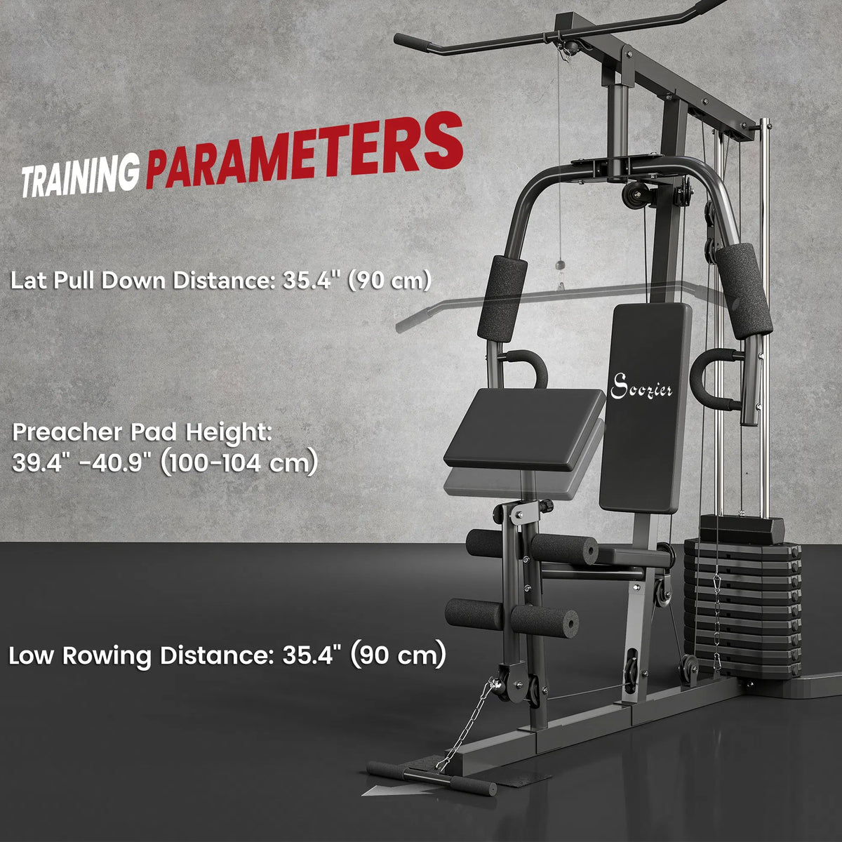 Black home gym station with adjustable seat, preacher pad, and lat pulldown frame