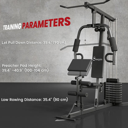 Black home gym station with adjustable seat, preacher pad, and lat pulldown frame