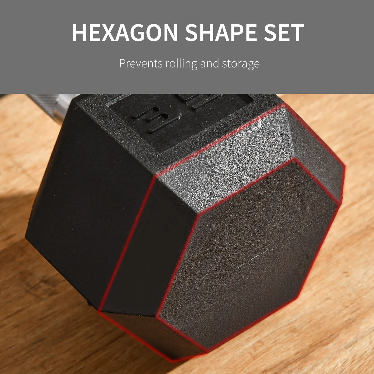 Black hexagon rubber dumbbell with top handle grip and anti-roll shape
