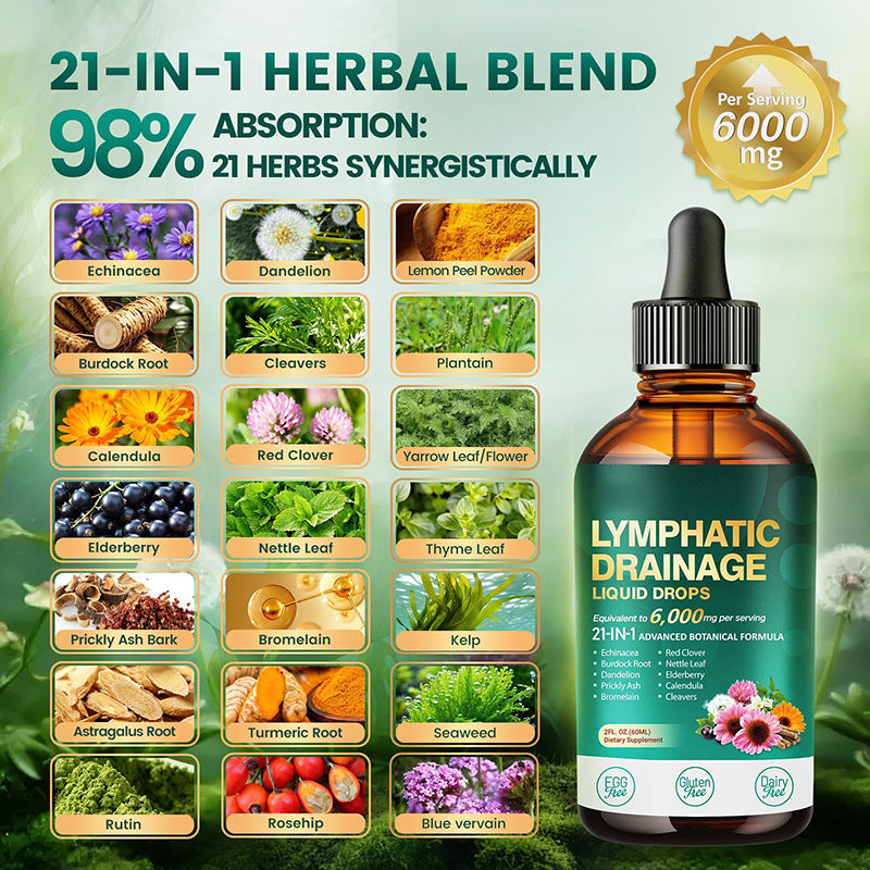 Lymphatic drainage liquid drops bottle with dropper and herbal blend label