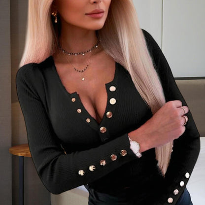 Women's Sexy V-Neck Long Sleeve Button Front & Cuff Detail Fitted Blouse