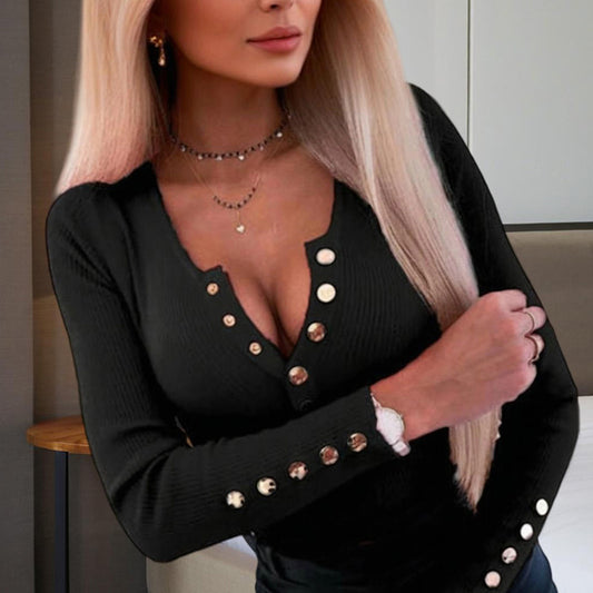 Women's Sexy V-Neck Long Sleeve Button Front & Cuff Detail Fitted Blouse