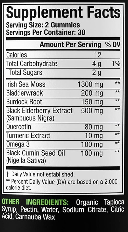 Supplement Facts label with ingredients and dosages for sea moss gummies