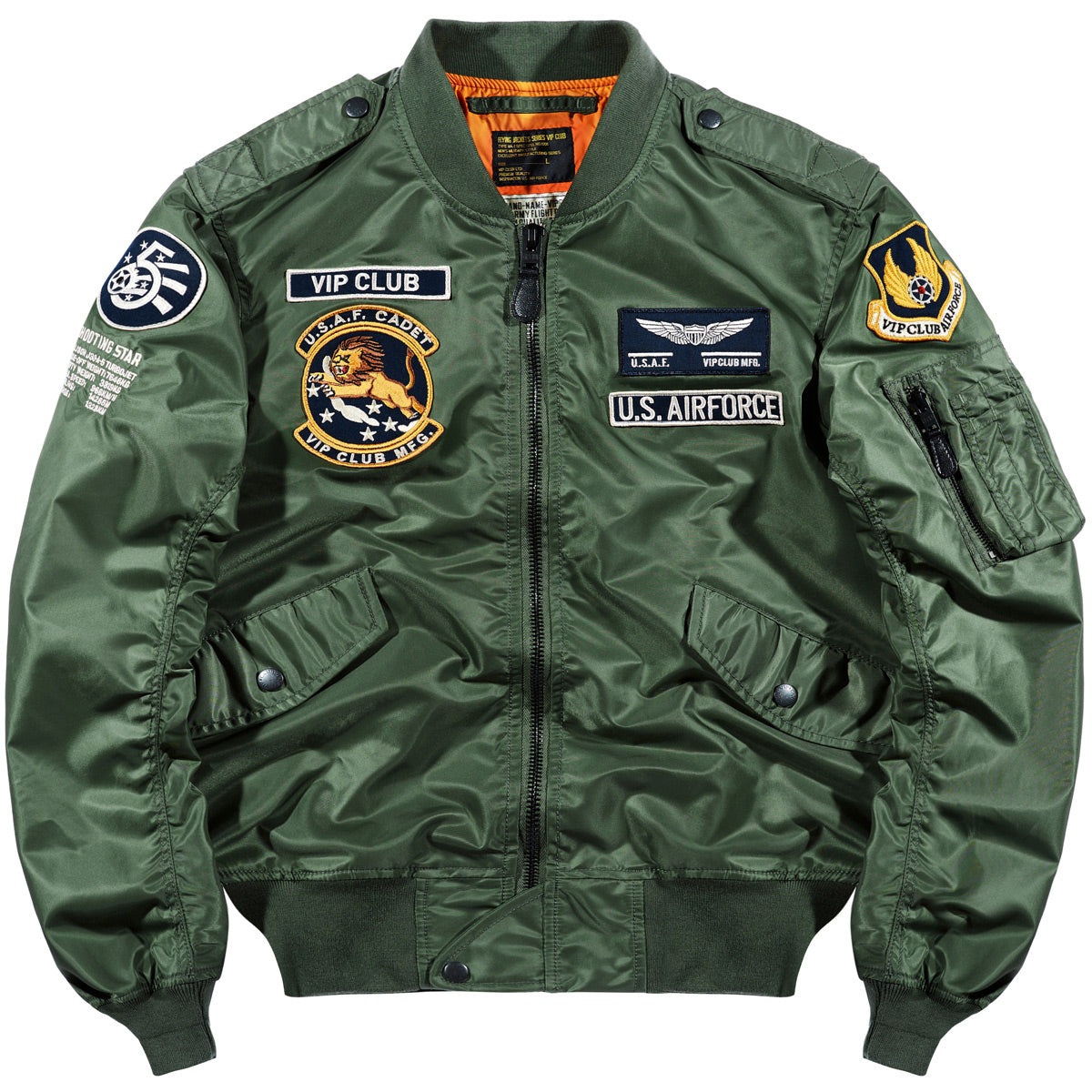Green bomber jacket with front zipper, embroidered badges, and flap pockets