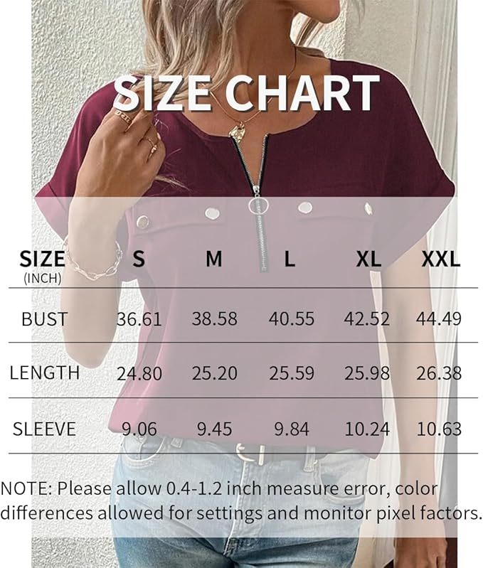 Women's V-Neck Zipper Top Solid Color Short Sleeve Blouse