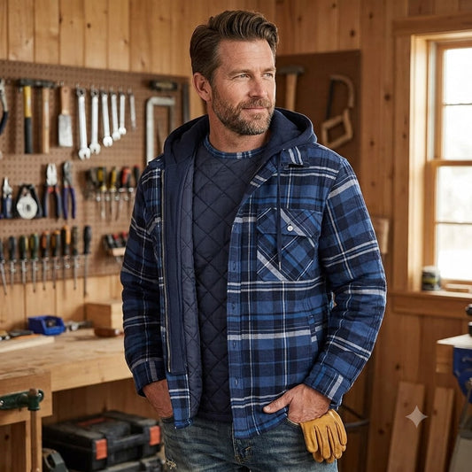 Men's hooded plaid padded coat in navy check, quilted front, zip closure