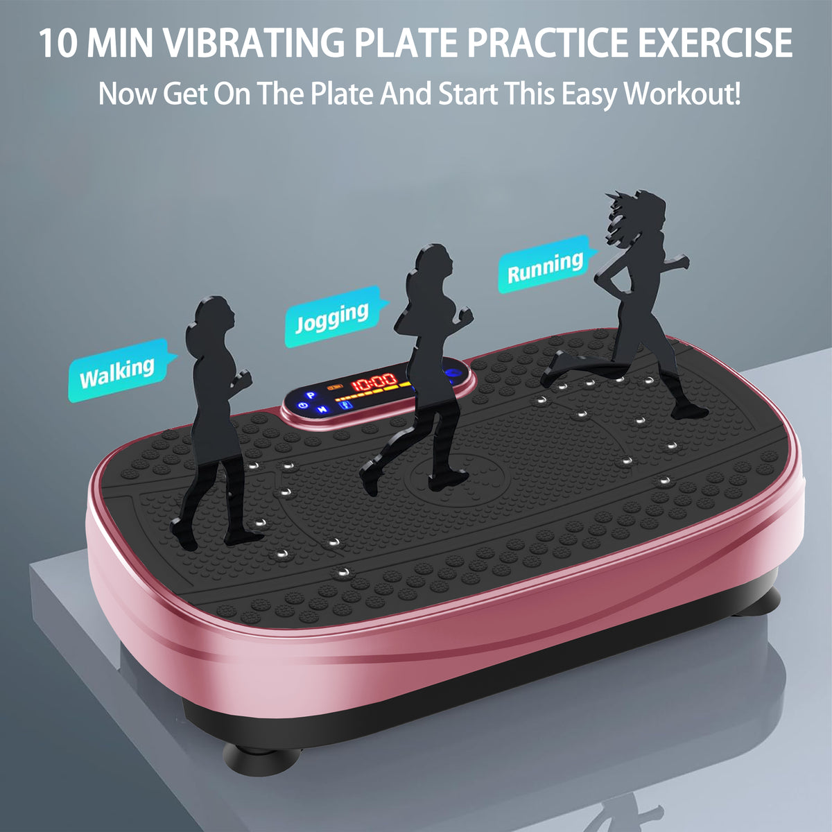 Rose red vibration plate fitness platform with black textured deck and LED timer display