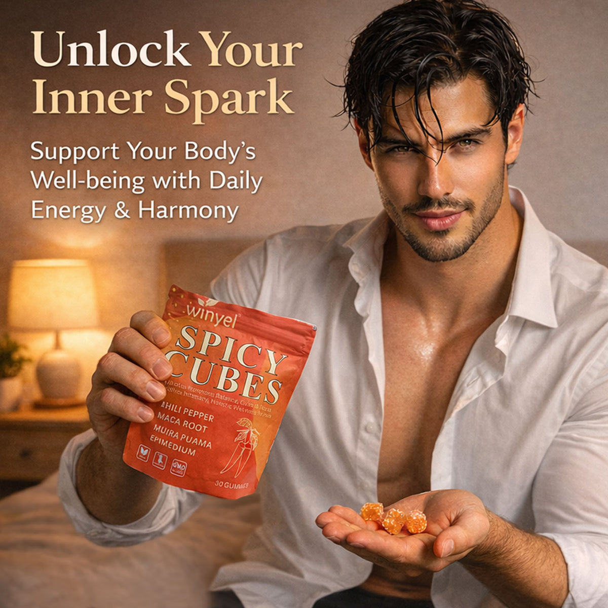 Spicy gummy pouch held in hand with orange gummy cubes in the other palm