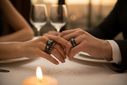 Stainless steel dragon pattern ring with dark accents and textured band detail