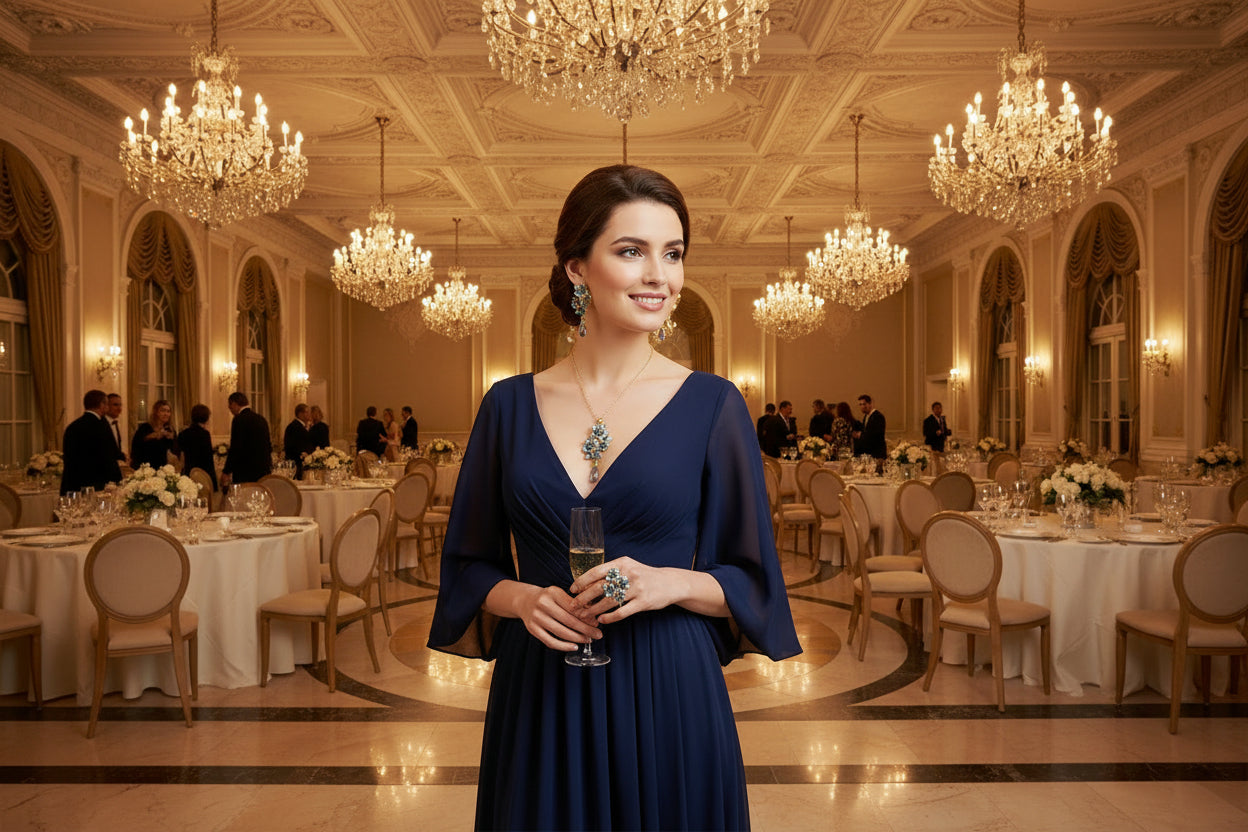 Gold-tone three-piece jewelry set with blue teardrop gems: necklace, ear studs, ring.