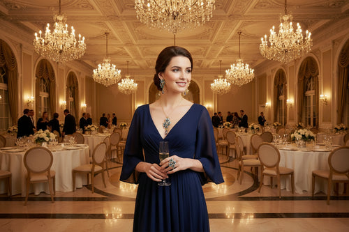 Gold-tone three-piece jewelry set with blue teardrop gems: necklace, ear studs, ring.