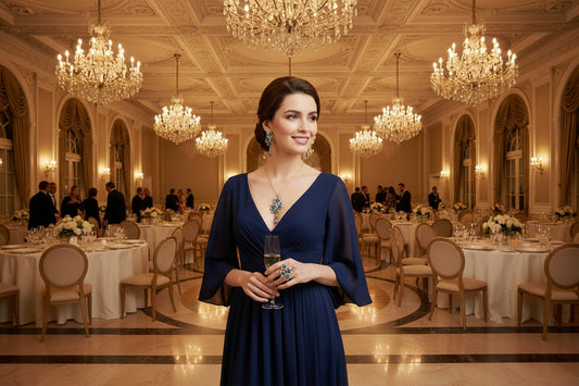 Gold-tone three-piece jewelry set with blue teardrop gems: necklace, ear studs, ring.