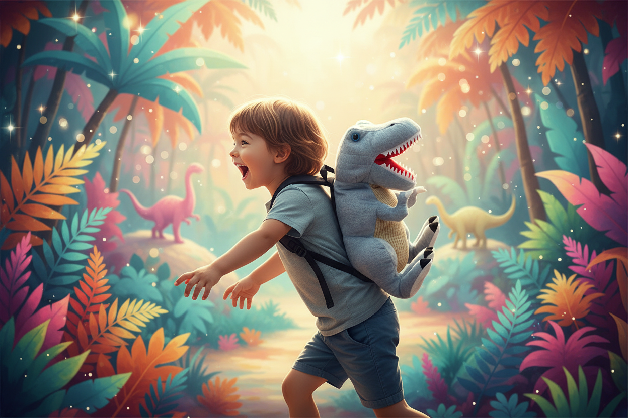 Plush dinosaur simulation backpack with gray plush dinosaur hood and black adjustable straps