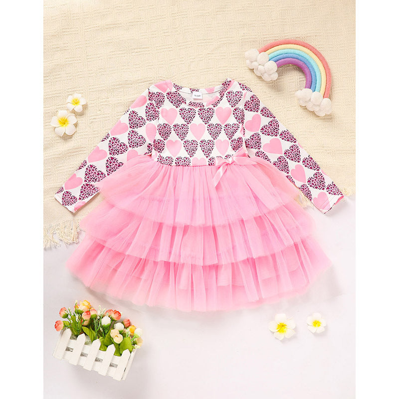Toddler Girls Outfits Long Sleeve Graphic Heart Print Mesh Tulle Valentine Birthday Party Dress